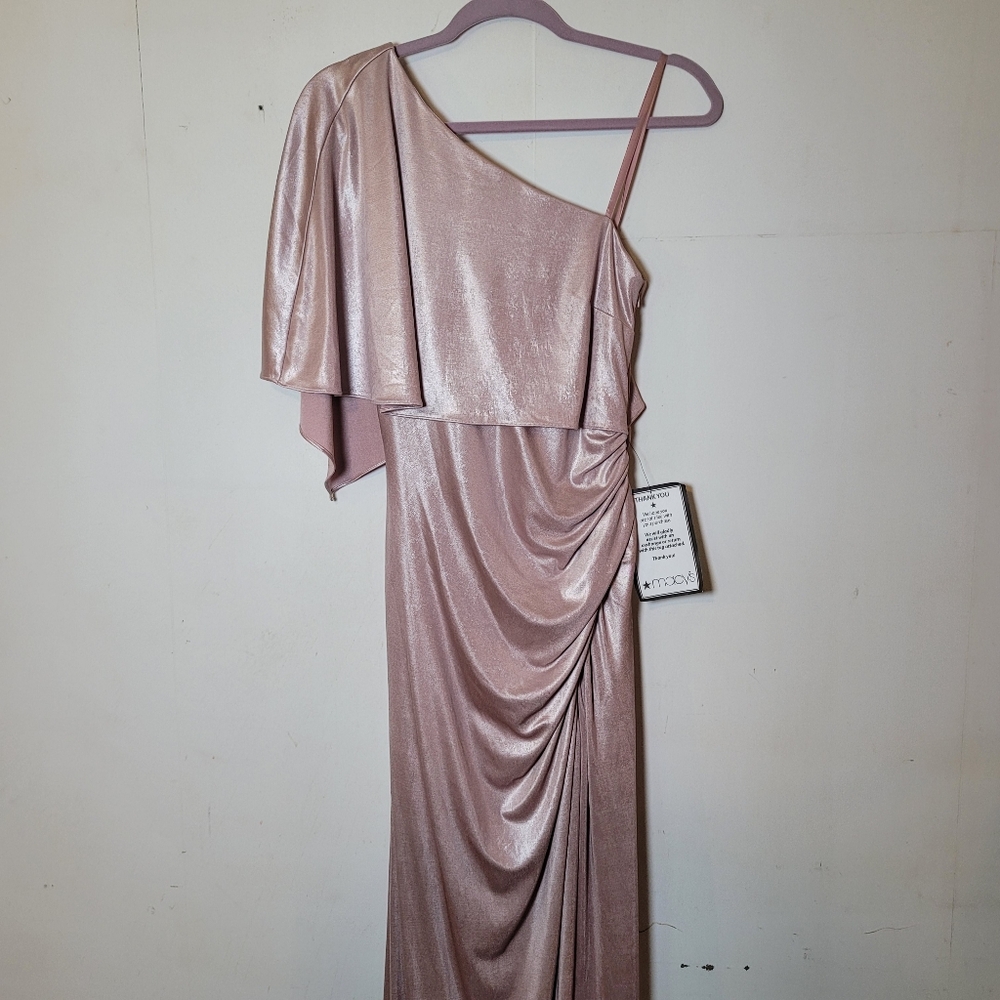 Adrianna Papell Elegant Metallic Pink One-Shoulder Draped Gown Size 6